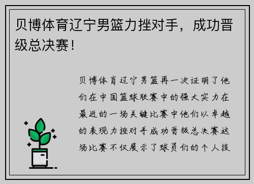 贝博体育辽宁男篮力挫对手，成功晋级总决赛！