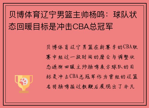 贝博体育辽宁男篮主帅杨鸣：球队状态回暖目标是冲击CBA总冠军