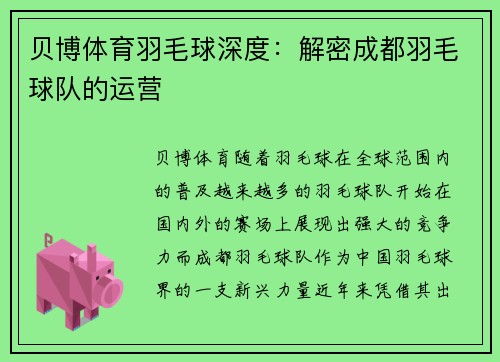 贝博体育羽毛球深度：解密成都羽毛球队的运营