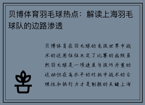 贝博体育羽毛球热点：解读上海羽毛球队的边路渗透
