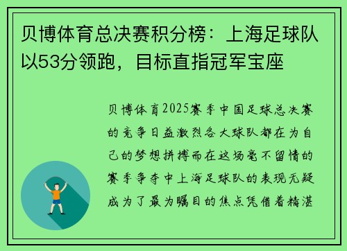贝博体育总决赛积分榜：上海足球队以53分领跑，目标直指冠军宝座