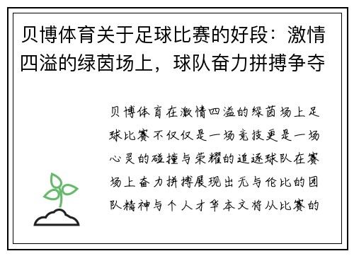贝博体育关于足球比赛的好段：激情四溢的绿茵场上，球队奋力拼搏争夺荣耀